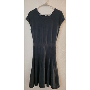 LOFT Dress Womens Small Black Knit Sweater Fit & Flare Pleated Short Sleeve